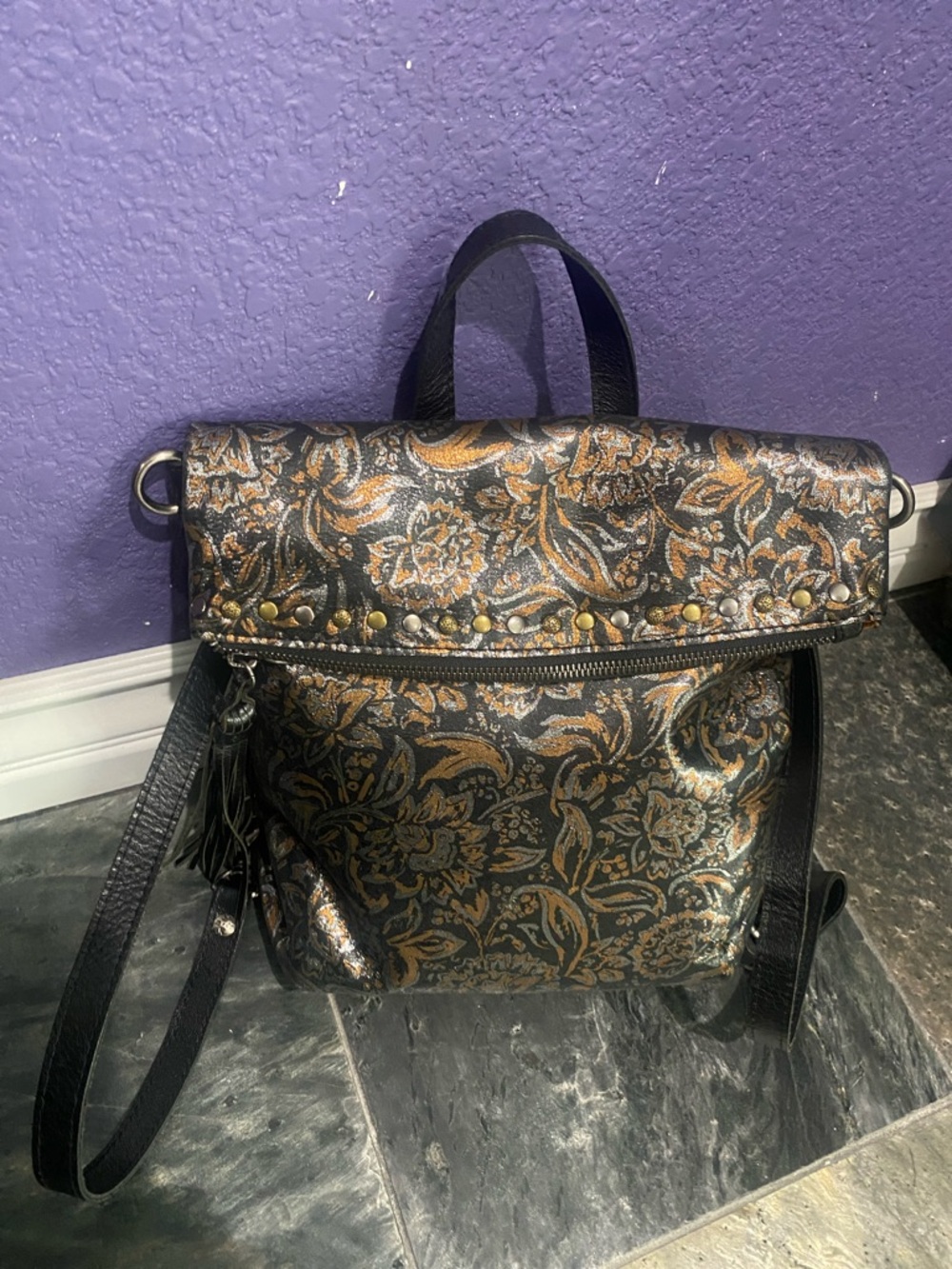 Patricia Nash Black Floral Print Convertible Backpack/Crossbody/Tote NEW! NWOT
